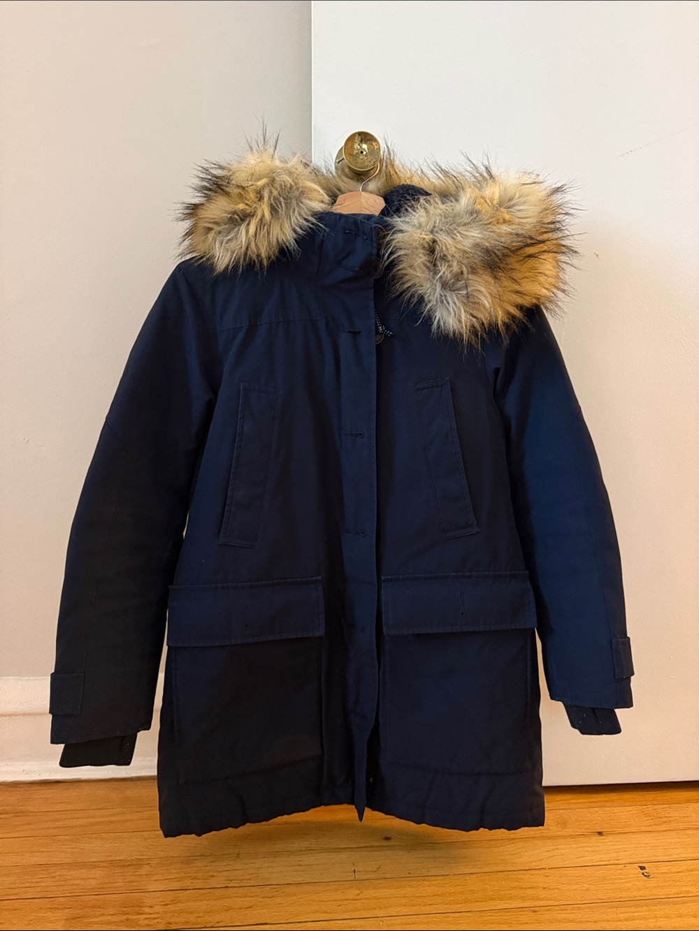 J. Crew Navy Puffer Parka with Faux Fur Hood Trim